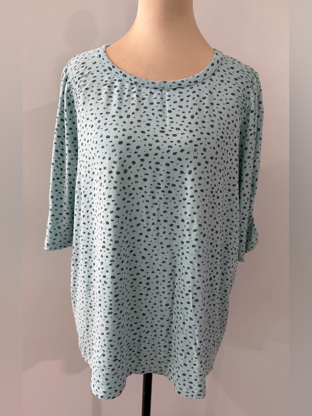 Democracy Light Teal Blue Black Silver Metallic Women's PLUS Blouse Shirt Top
